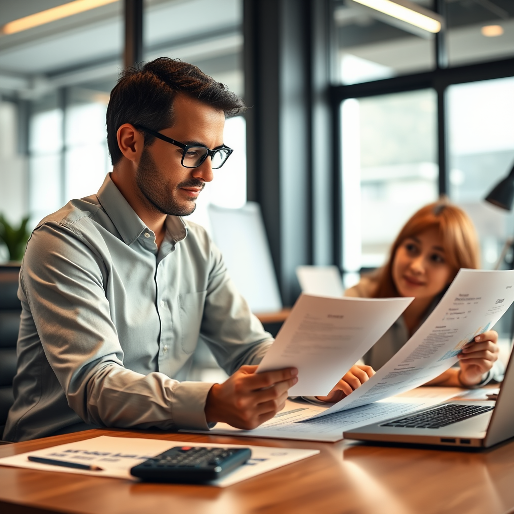 Professional consultant reviewing personal lending documents with client at modern office desk, calculator and financial charts visible, warm lighting creating trustworthy atmosphere