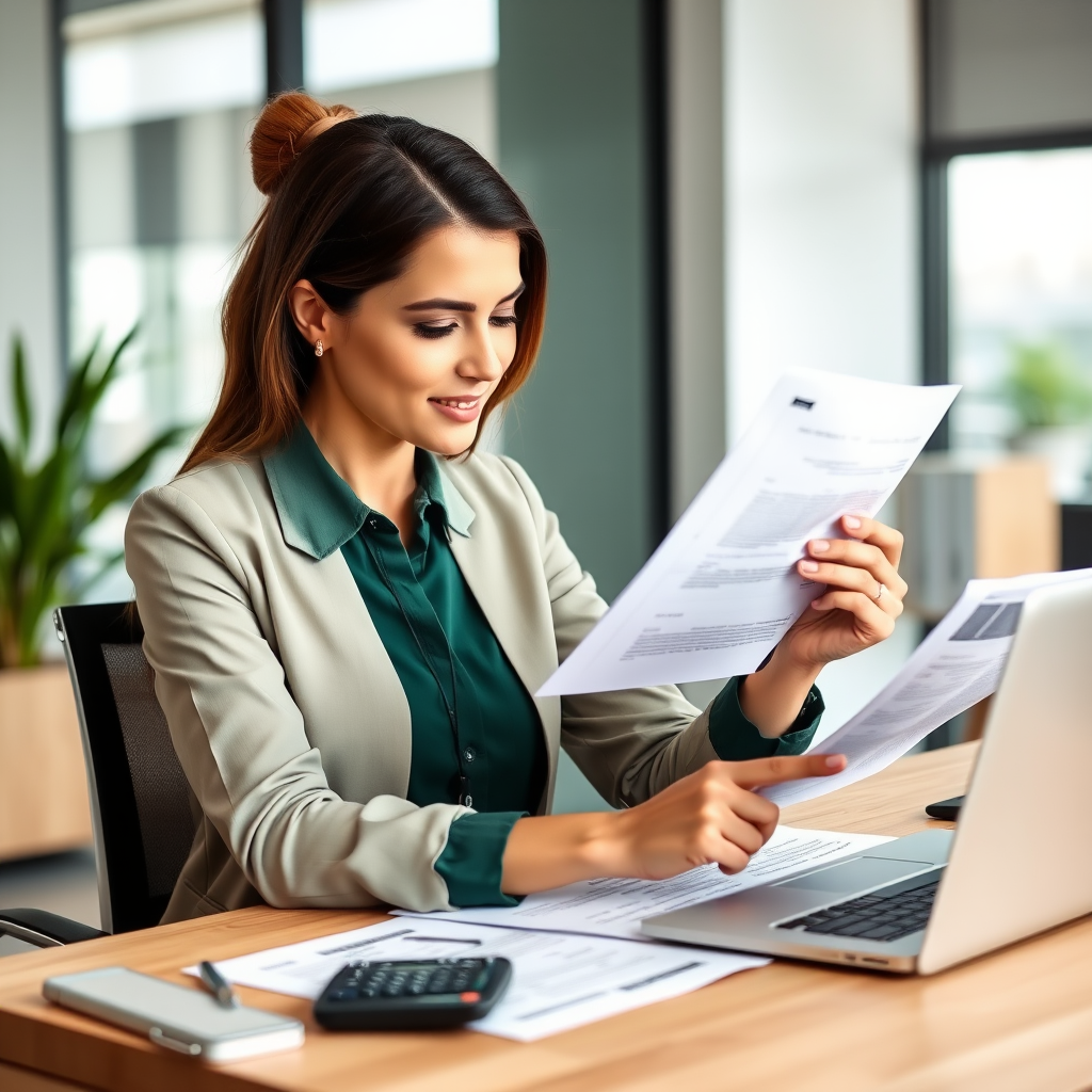 Professional woman reviewing personal financial documents at a modern desk with calculator and laptop, representing personal lending solutions and financial planning