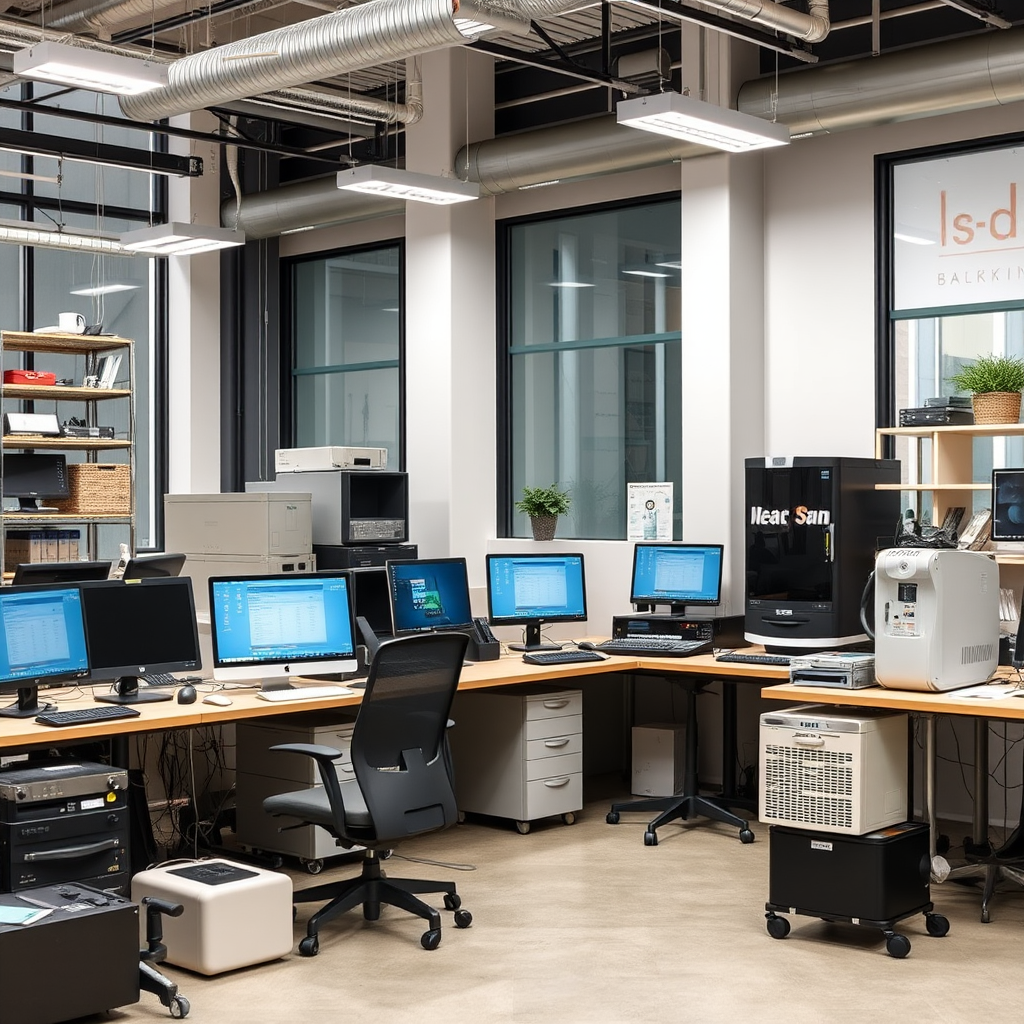 Modern business equipment including computers, machinery, and office technology arranged in a professional setting