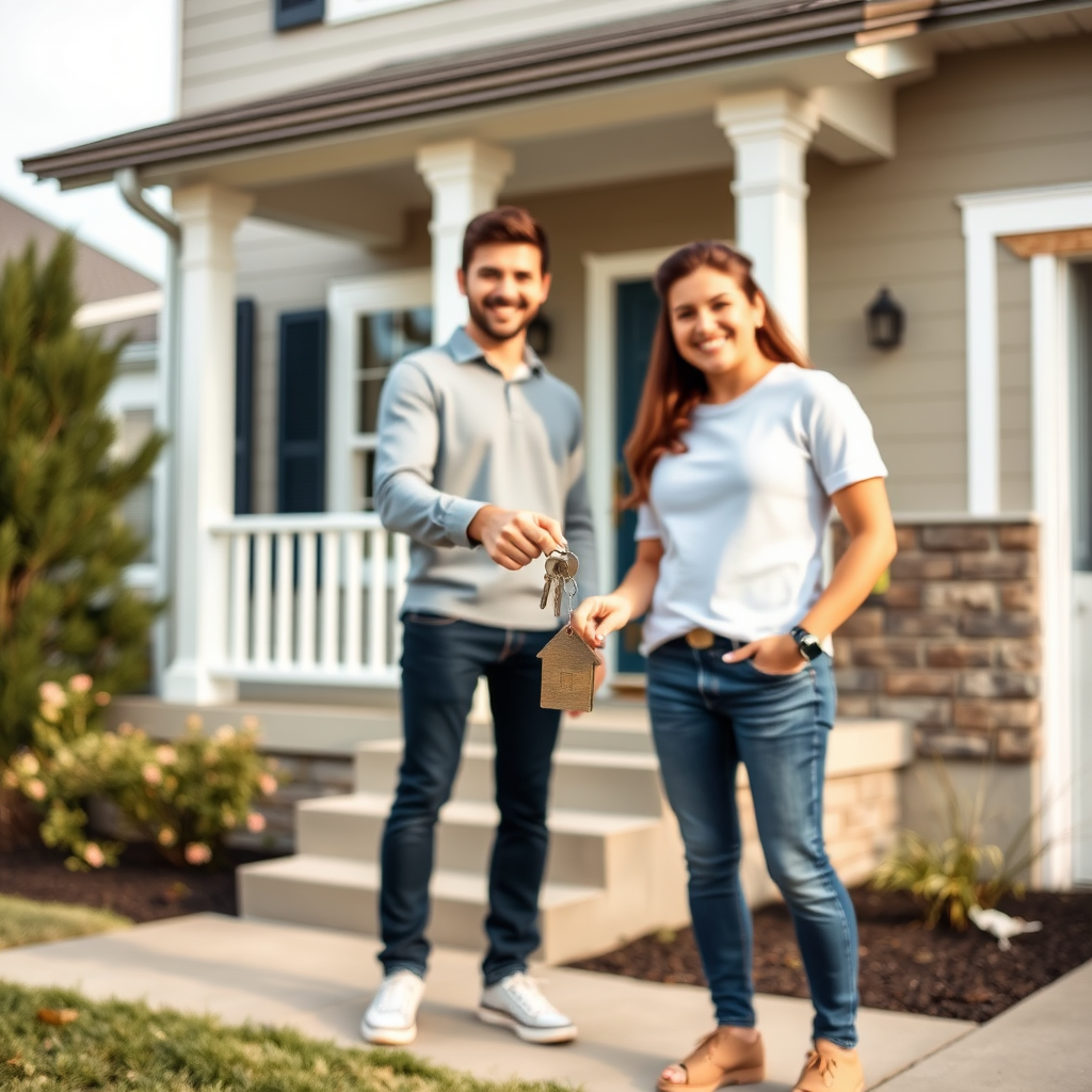 Happy young couple holding house keys in front of their new home, representing successful first-time homebuyers who used BMO's financing services
