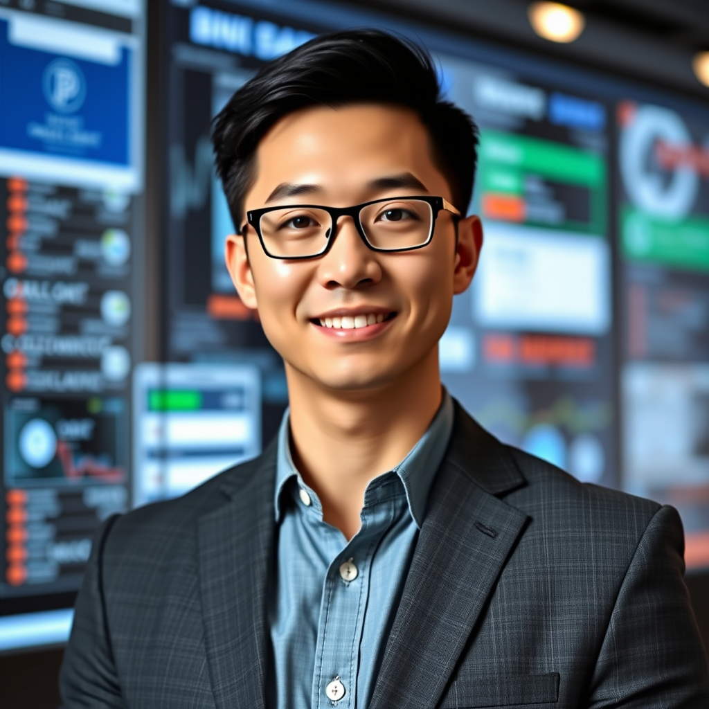 Professional headshot of Michael Chen, Digital Banking Specialist, in modern business attire with technology background showing digital banking interfaces