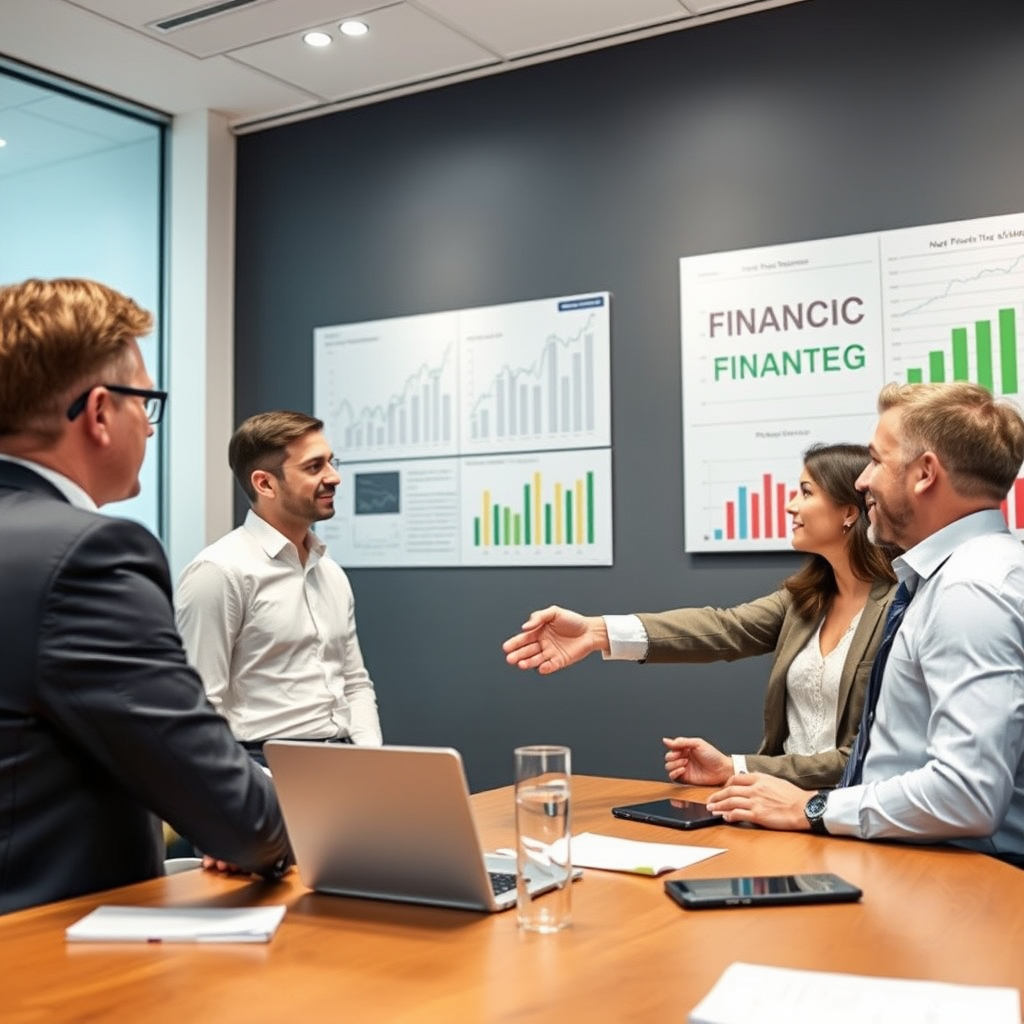 Business meeting with entrepreneurs discussing financing options, modern conference room with financial charts on wall, professional handshake between banker and business owner