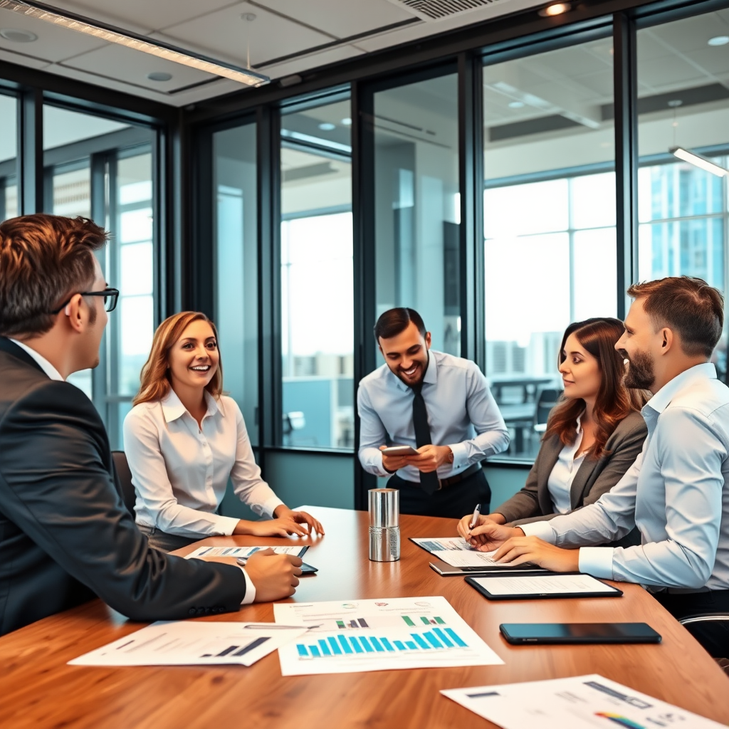 Modern office setting with business professionals discussing financing options around a conference table with charts and financial documents, representing business financing solutions