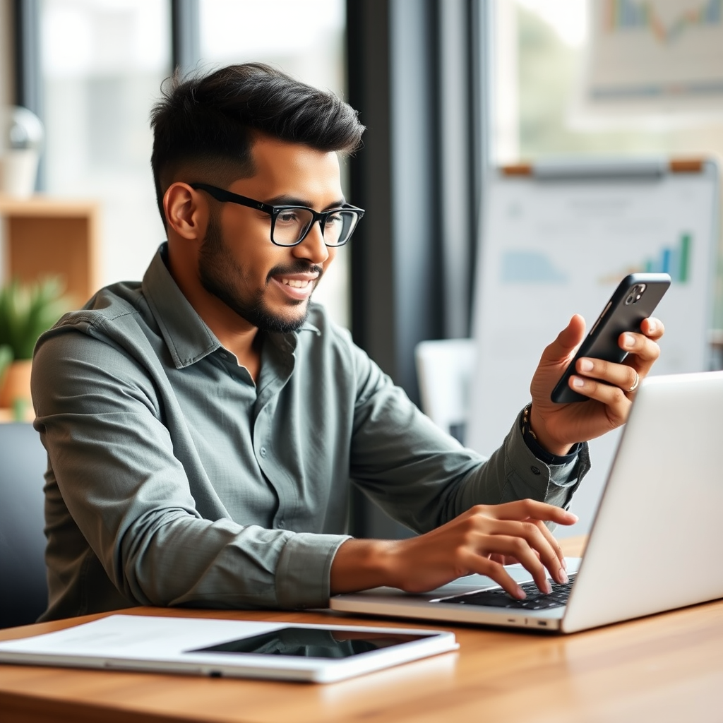 Business owner accessing credit line through digital banking tools on laptop and mobile device
