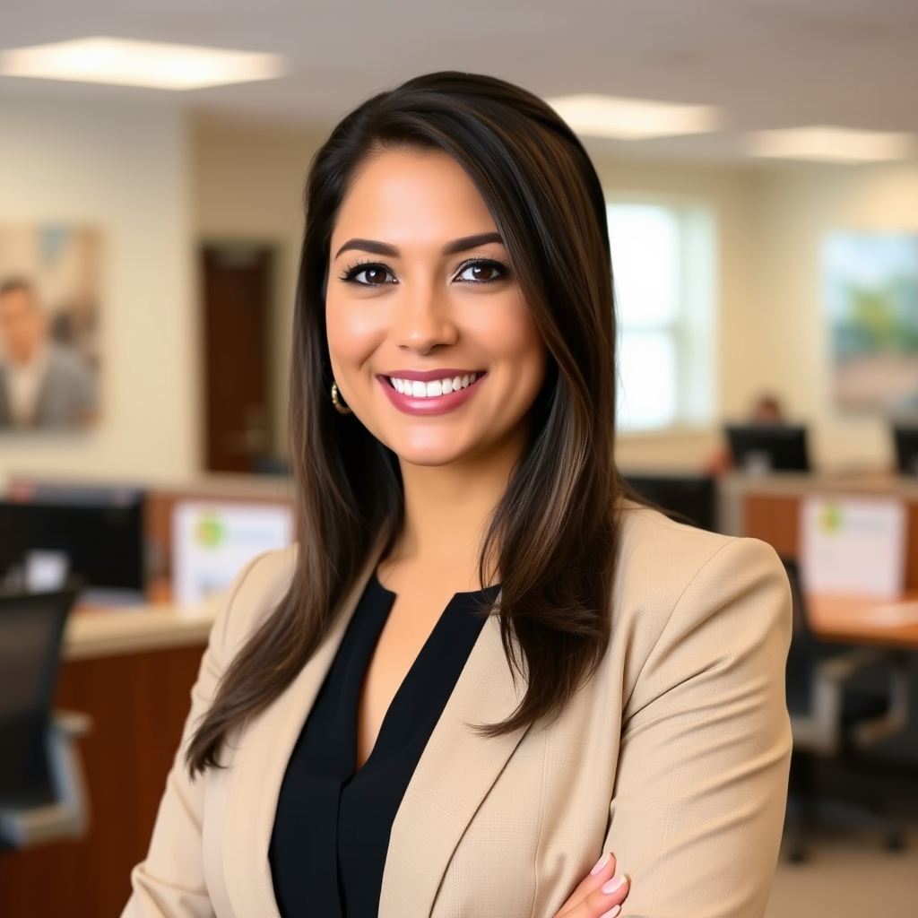 Professional headshot of Jennifer Rodriguez, Branch Operations Manager, in executive business attire with banking office environment in background