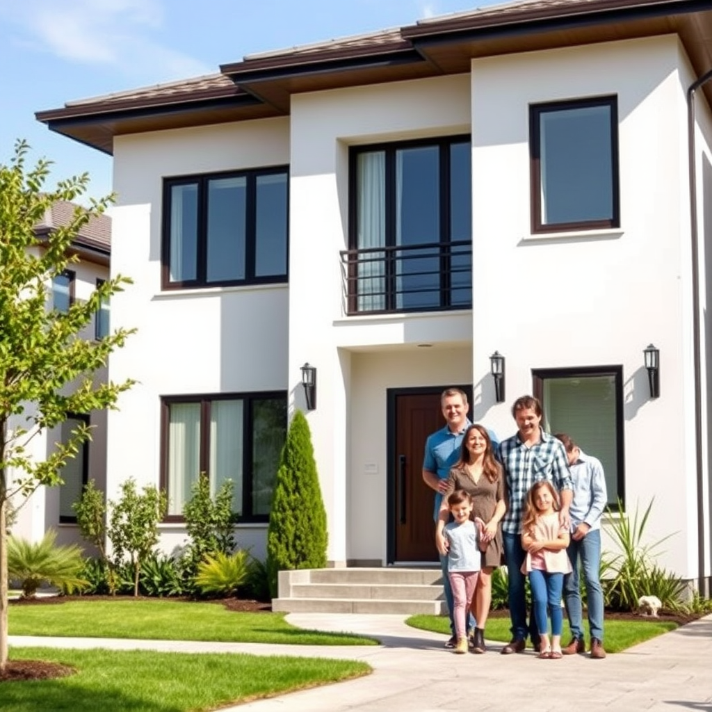 Beautiful modern home exterior with a happy family standing in front, representing home financing services and residential property funding solutions