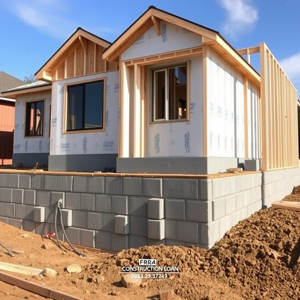 Construction site with new home being built, showing foundation and framing work in progress, representing construction loan opportunities
